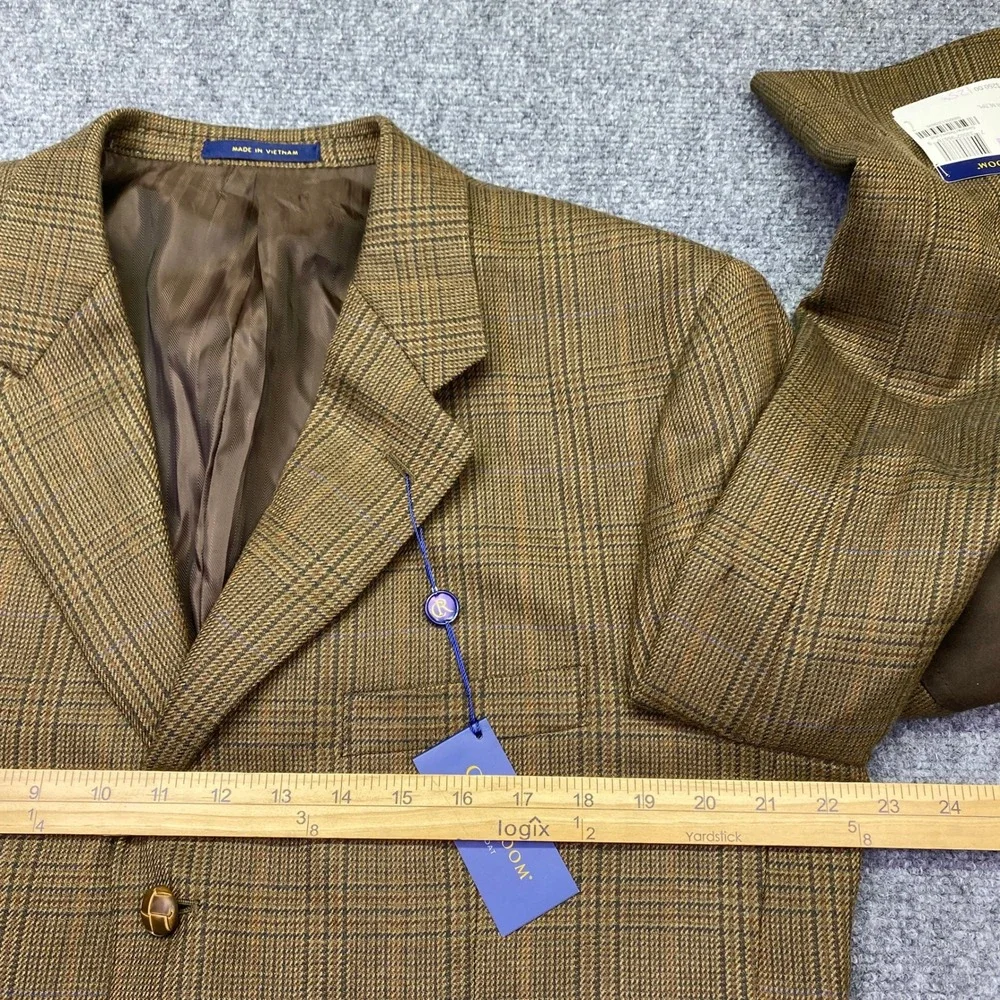 Club Room Mens 42R Wool Blazer Olive Glen Plaid Elbow Patches CF83B37503 NEW